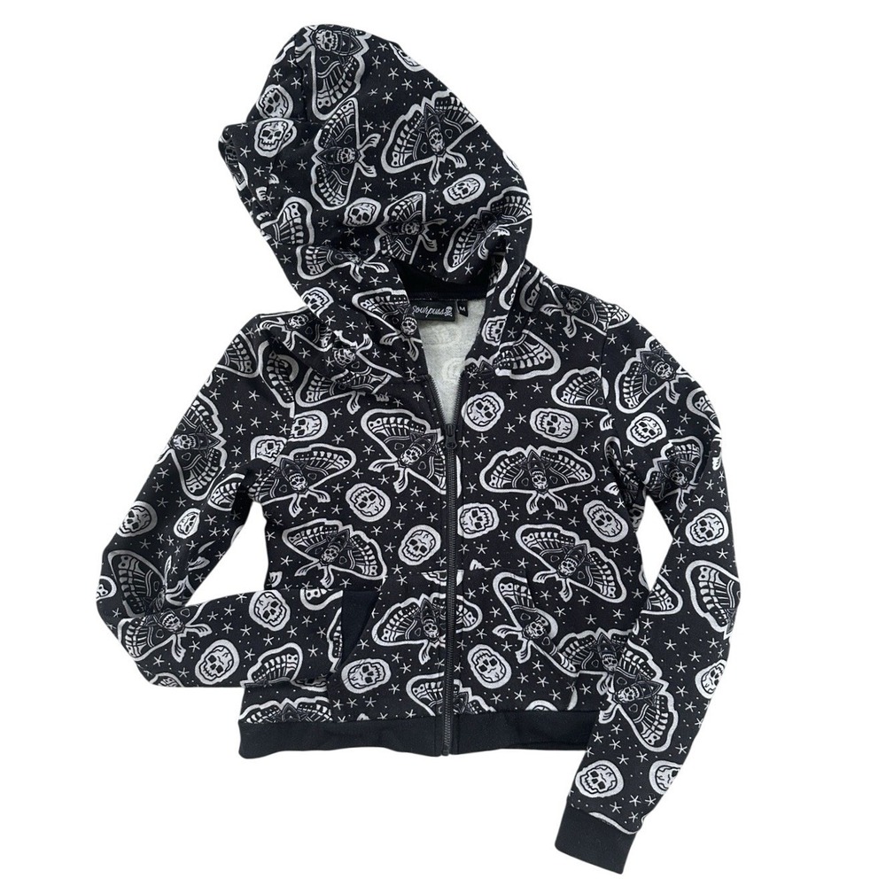 Sourpuss Skull Moth Print Zip Up Hoodie Medium Black White Goth Punk Alternative